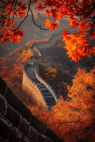 长城秋色蜿蜒巨龙盘旋于红叶山林间
