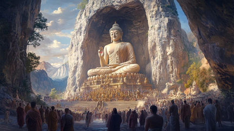 山洞中巨大佛像周围有许多信徒
