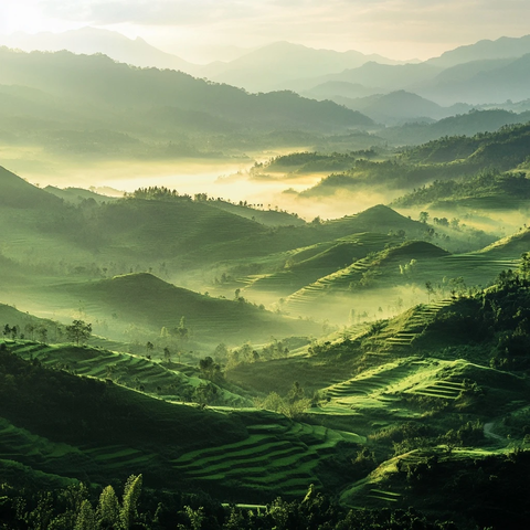 晨光初照青山雾绕