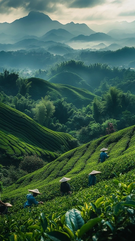 茶园采茶人与山景