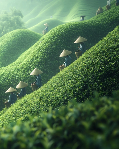 茶山采茶人竹篮映绿意