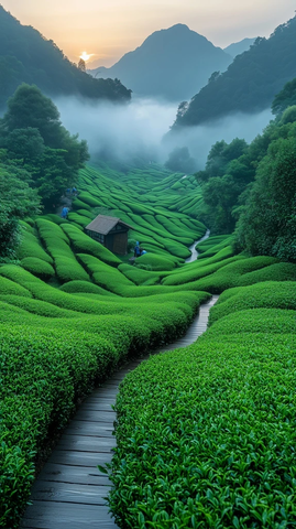 清晨茶园露珠闪耀