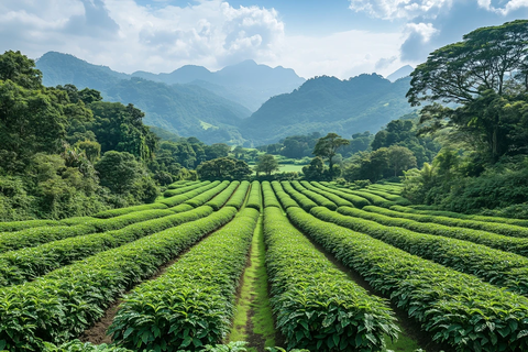 广阔可可种植园整齐排列树木