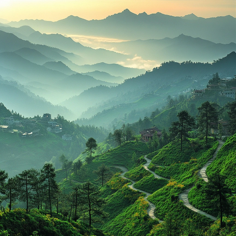 绿意山坡与雪峰瀑布