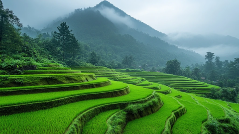 山边稻田阴雨天景色