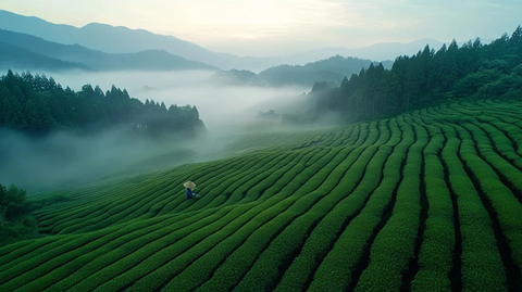 晨雾中茶园工人采茶