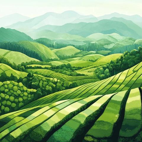 绿意茶园与连绵山峦