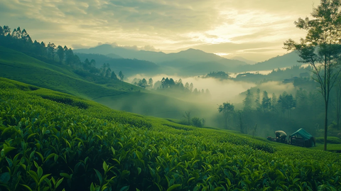 茶园晨曦中的绿意与劳作