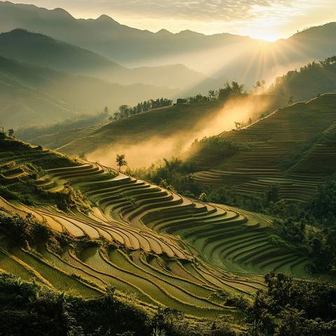 梯田清晨阳光映照