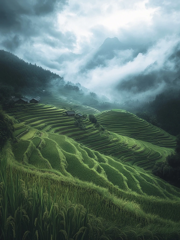 梯田稻穗古村云雾森林