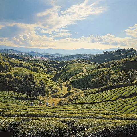 绿茶田收获阳光下