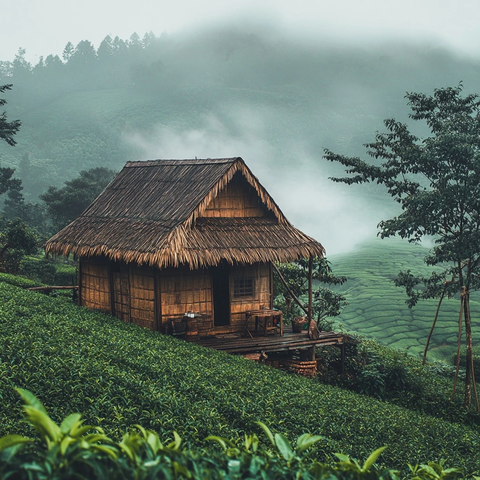 木屋稻草顶茶园雨雾