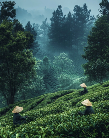 茶农雨中采摘茶叶