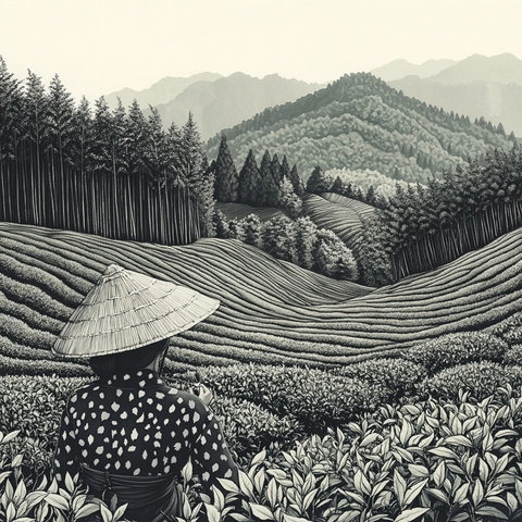 女子采茶竹林黑白版画