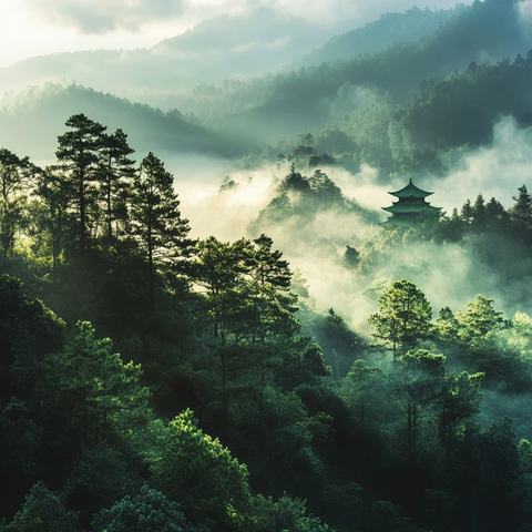 晨雾森林远眺绿色寺庙