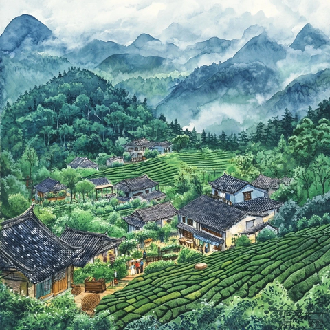 茶园小屋与采茶人