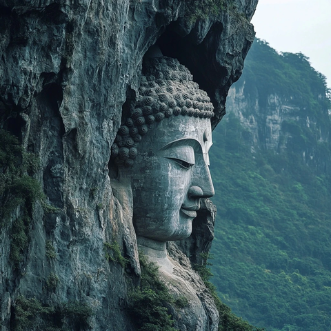 山崖间的大佛头雕像壮观景象