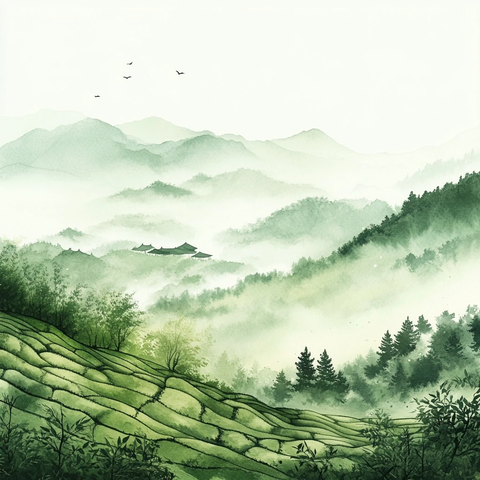 山间茶园墨绘图