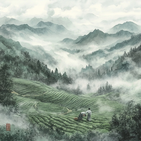 茶园梯田农民劳作图