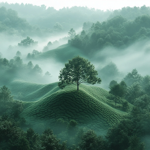 茶树云雾缭绕山坡