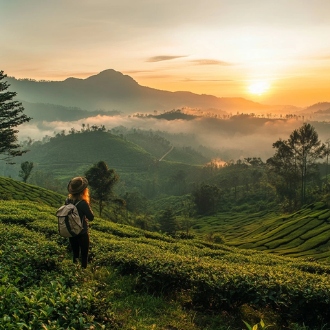 茶园晨雾中的旅行者