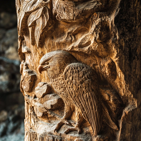 树干上的鹰雕刻展示