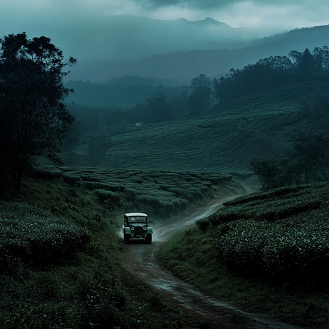 茶园中的旧车与迷雾