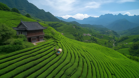茶农采摘竹篮晾晒茶叶
