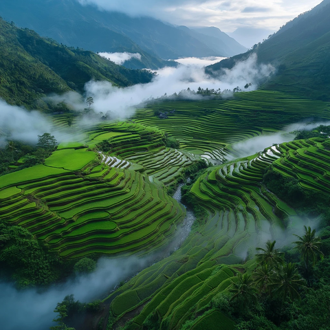 山间梯田水光潋滟
