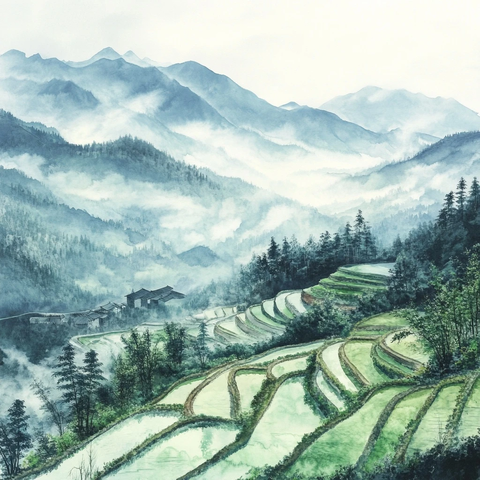 梯田远山墨画笔触