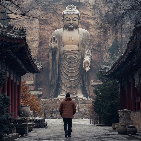 男子独自行走在大佛前的古建小道上