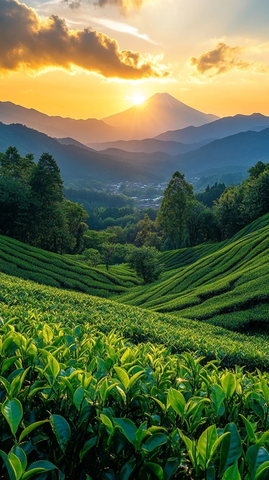 茶田夕照远山如画