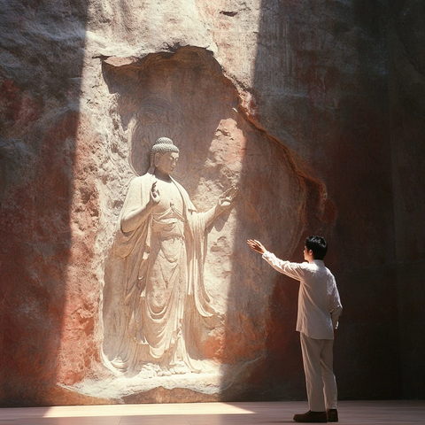 男子参观大型佛像雕刻