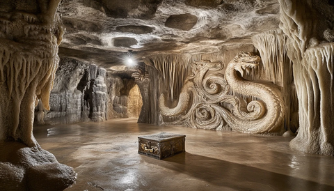 神秘洞穴内的精美雕刻与古朴宝箱