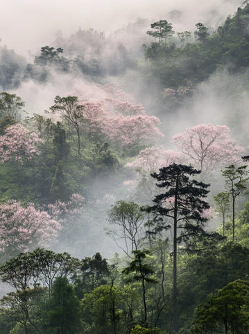 雾中森林与焦黑巨树
