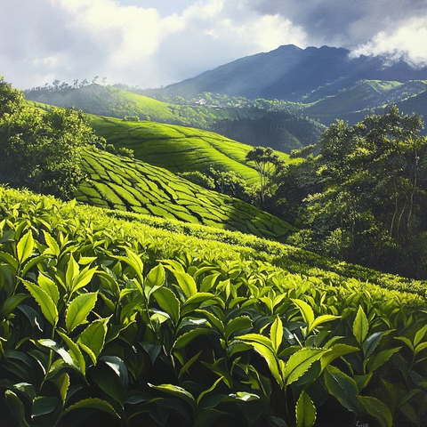 茶园中的茶树叶与背景茶园