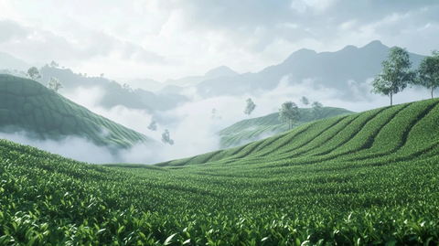 茶山云雾缭绕茶树连绵