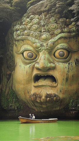 水中小船旁的巨型雕刻脸谱