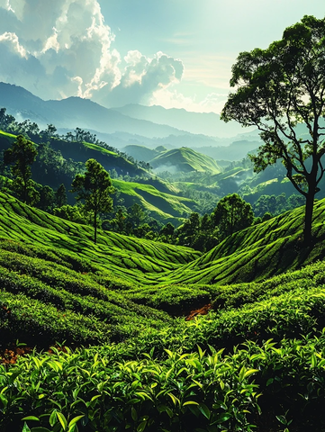 绿色茶园与远山风光