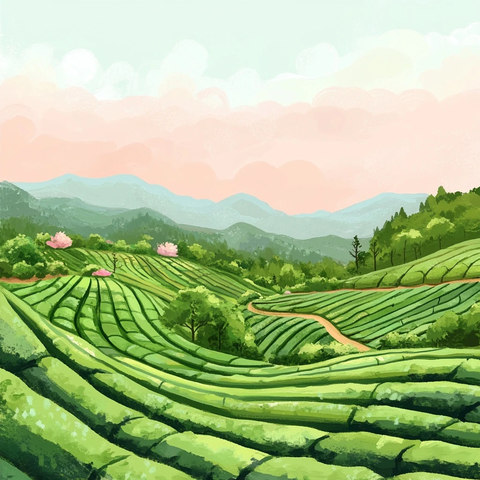 绿茶田与粉色天空