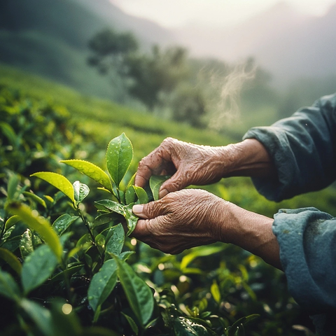 茶农手摘嫩叶露珠闪烁