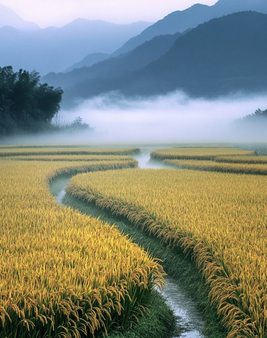 稻田黄稻雾气平原