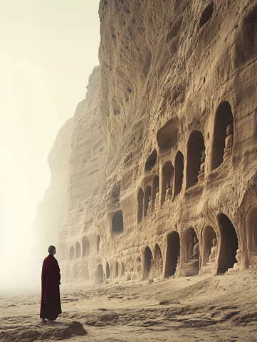 僧人伫立在石窟佛像前的画面