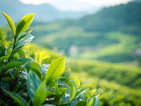 新鲜茶叶与茶树枝干特写