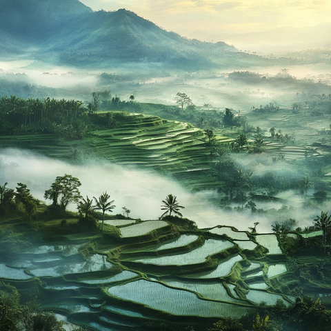 晨雾稻田与火山景象