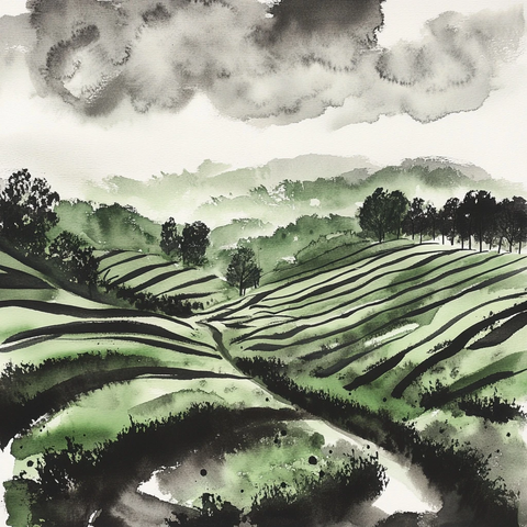 茶园墨绘绿黑茶树