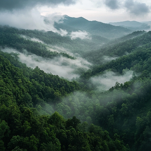 雾霭山谷与茂密森林