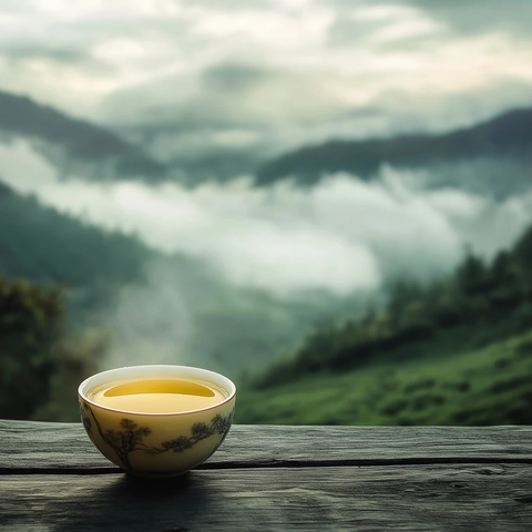 晨雾缭绕茶园与茶汤