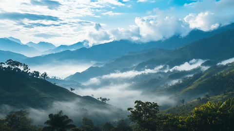 远山雾霭中的山景