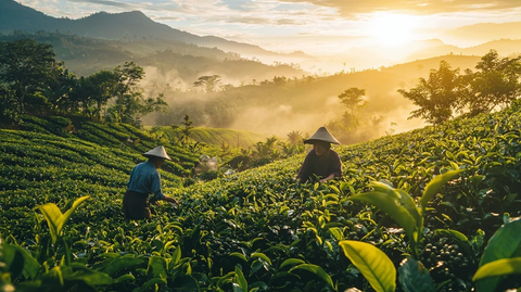 茶农采摘咖啡豆场景